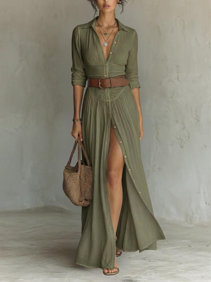 Vestido maxi - largo para mujer con cuello de solapa y mangas largas de lino