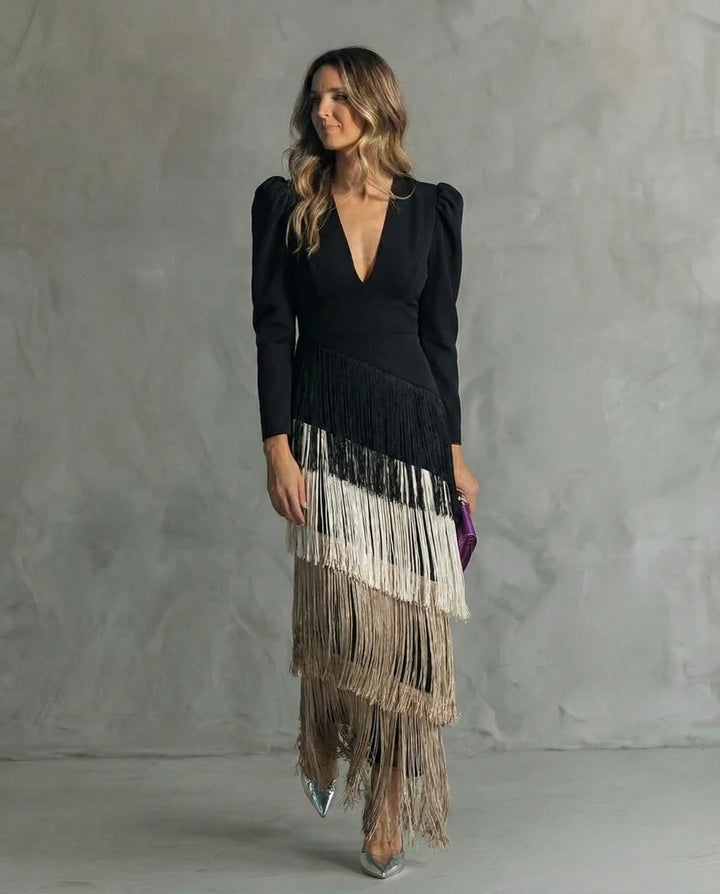 Alessia - Vestido midi elegante con mangas de flecos