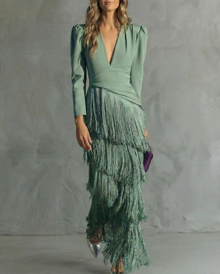 Alessia - Vestido midi elegante con mangas de flecos