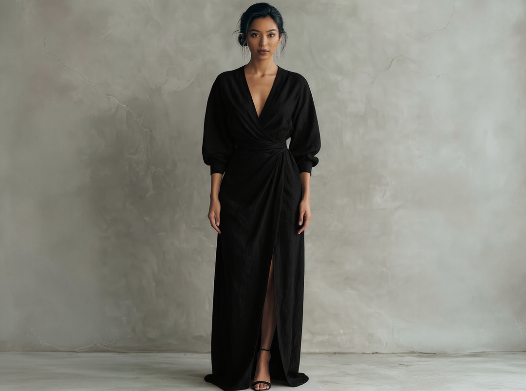 Vestido Maxi Minimalista Rosa con escote en V de lino mezclado para Mujer